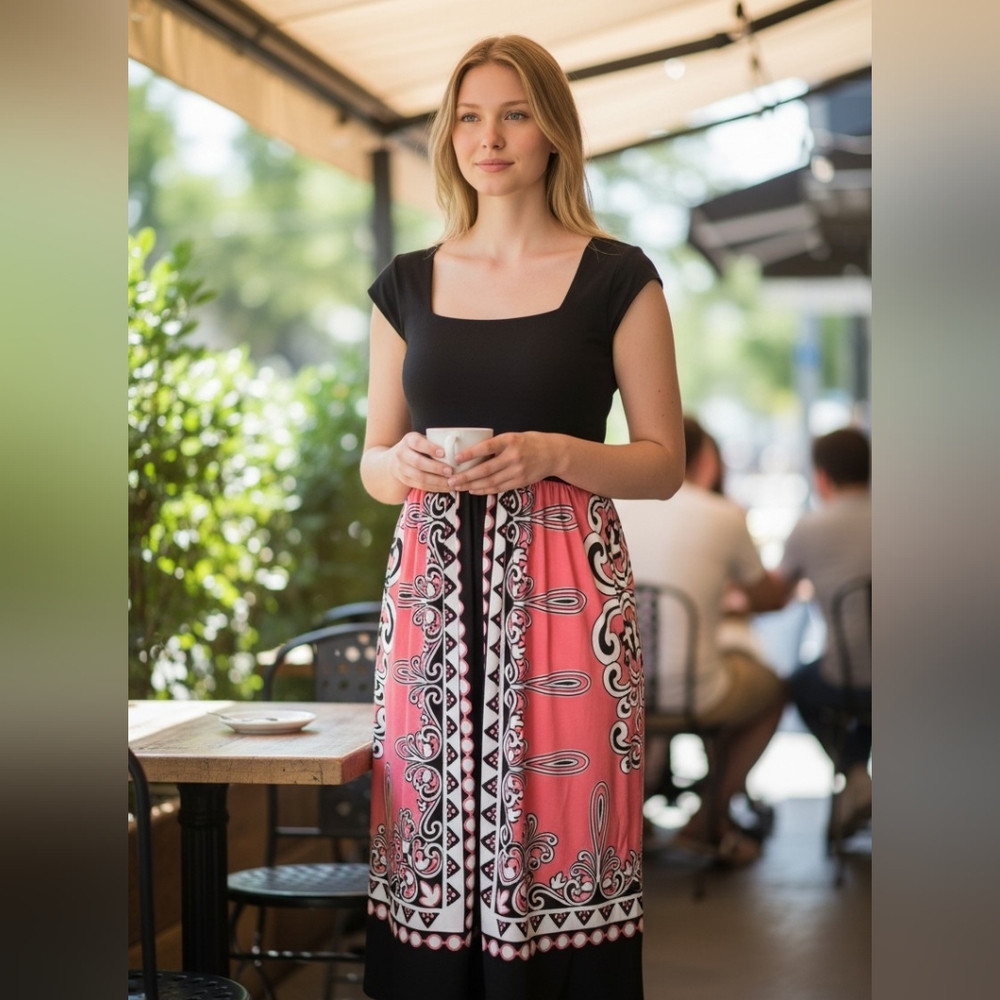 London Times Coral Scroll Abstract Pattern Dress Black Sheath Summer Bohemian